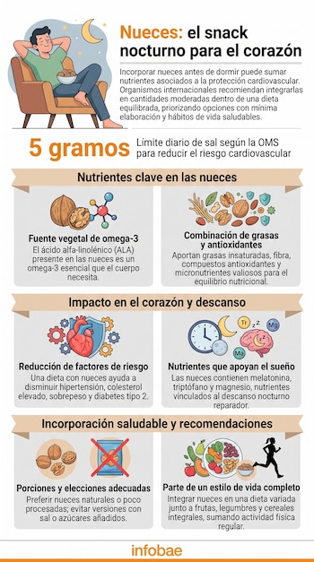 Infografía ilustrada con texto sobre nueces, un hombre descansando, un corazón, un reloj, frutas y el logotipo de Infobae al pie.