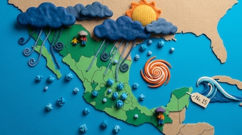 Mapa tridimensional de México con nubes azules de lluvia, sol amarillo, dos figuras con paraguas, un ciclón espiral, una ola con la etiqueta "No. 15".
