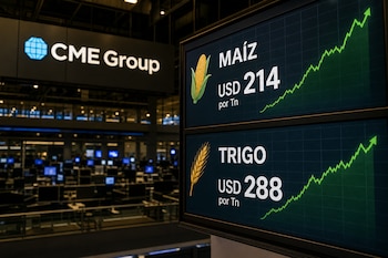 Pantalla con valores de maíz a 214 dólares y trigo a 288 dólares con gráficos verdes ascendentes y el logo de CME Group al fondo.
