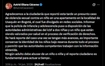 El Icbf informó que dos niñas y un niño quedaron a disposición de las autoridades administrativas y reciben evaluación por personal de salud - crédito @AstridCaceresC / X