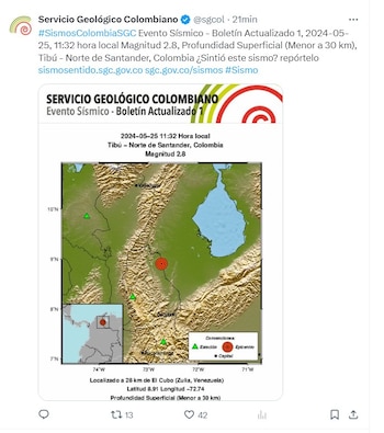 El sismo se registró en Norte de Santander - crédito @sgcol/X