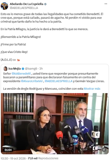 Abelardo de la Espriella cuestionó al exministro Armando Benedetti - crédito @ABDELAESPRIELLA/X