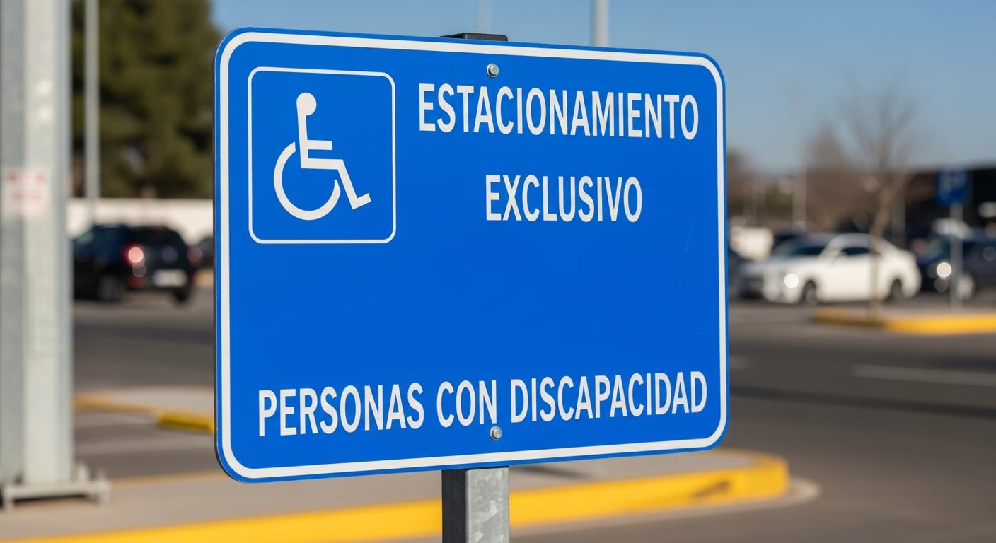 Una señal vial azul con el símbolo internacional de acceso indica el estacionamiento exclusivo para personas con discapacidad en un área de vehículos. (Imagen Ilustrativa Infobae)