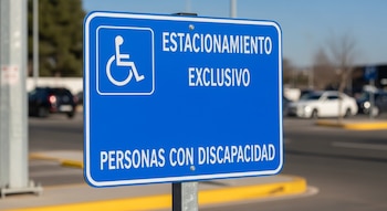 Señal azul rectangular con borde y letras blancas "ESTACIONAMIENTO EXCLUSIVO PERSONAS CON DISCAPACIDAD" y símbolo de silla de ruedas. Fondo de calle y carros.