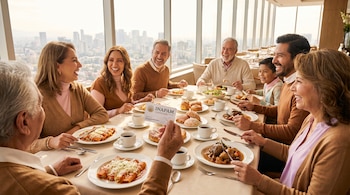 Fotografía de una familia multigeneracional sonriendo y comiendo en un restaurante con grandes ventanas. Un adulto mayor muestra una credencial INAPAM en primer plano. Platos variados y vista a la ciudad.
