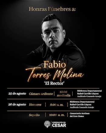 Este martes 25 de agosto, Fabio Torres Molina permanecerá en cámara ardiente desde las 12 del mediodía en la Biblioteca Departamental Rafael Carrillo Lúquez - crédito @GobdelCesar/X