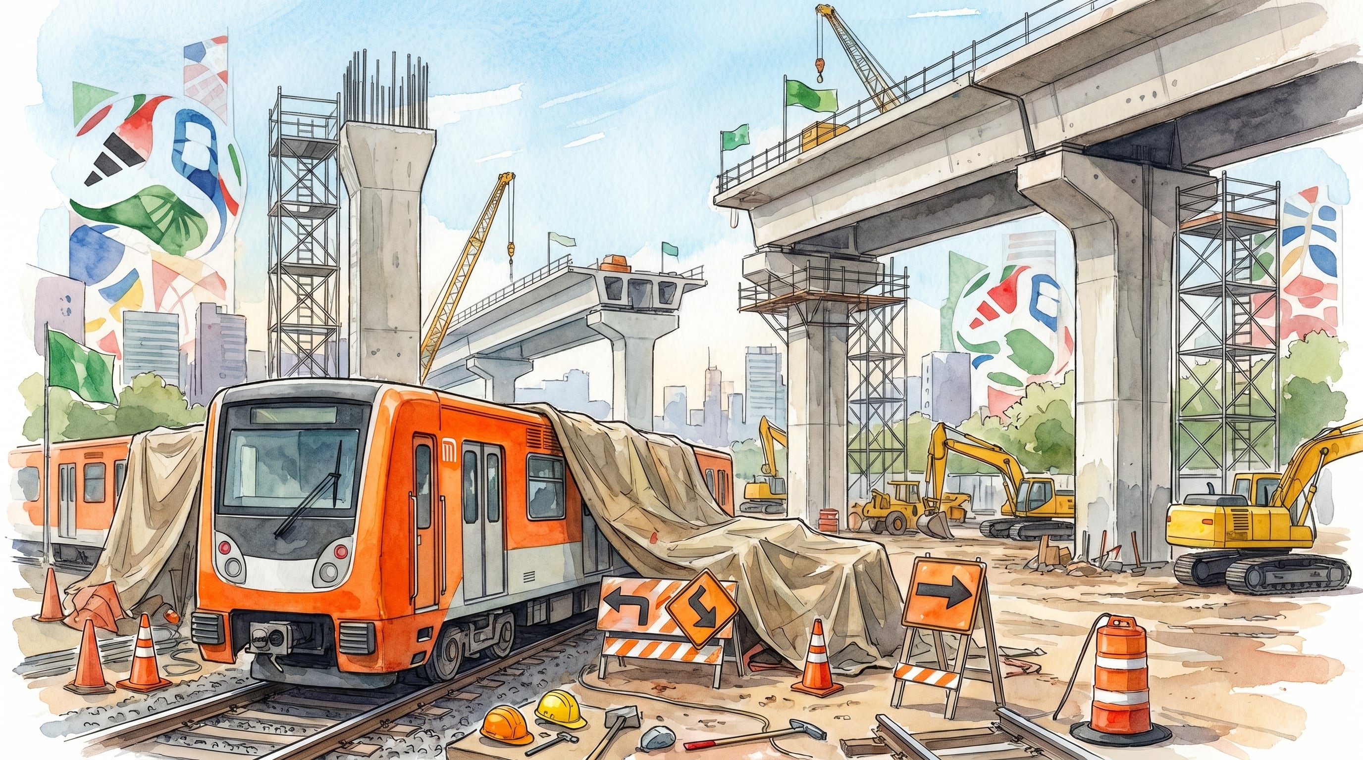 Una ilustración de acuarela digital muestra la Calzada Flotante de Tlalpan con columnas y tramos suspendidos, un vagón naranja del Metro CDMX y maquinaria, reflejando los preparativos para el Mundial 2026. (Imagen Ilustrativa Infobae)