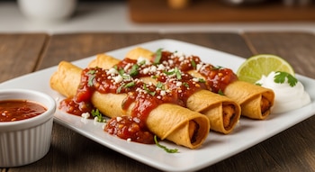Plato blanco con tres flautas de pollo fritas, cubiertas con salsa roja, queso y cilantro. Junto a ellas, crema, lima y un tazón con salsa.