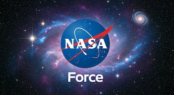 Se ve el logo azul y rojo de la NASA flotando en el centro, con la palabra "Force" en blanco debajo, todo sobre un fondo de galaxias y estrellas.