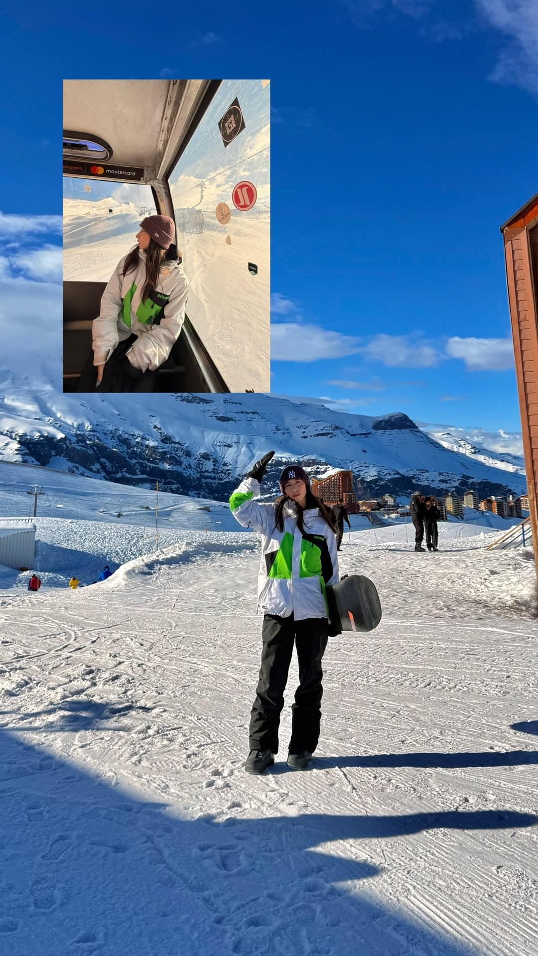 Carla Campos Salazar posa con ropa de nieve y una tabla de snowboard en un centro de esquí fuera de Perú.