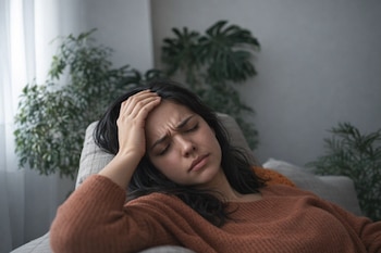 Primer plano de una mujer joven con cabello oscuro y suéter marrón rojizo, sentada en un sofá con la mano derecha en la frente, con expresión de dolor.