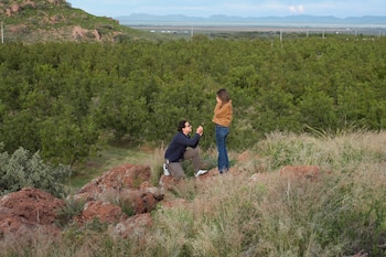 Un hombre arrodillado frente a una mujer de pie sobre una colina rocosa, con un extenso valle arbolado y montañas al fondo