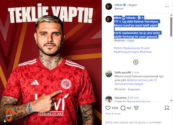 Captura de pantalla de una red social con un fotomontaje de Mauro Icardi con la camiseta del Batman Petrolspor y un texto en turco