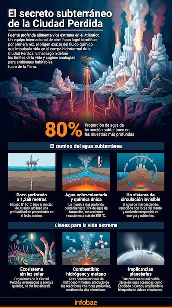 Infografía con título, texto explicativo, ilustraciones de perforación en océano, flujo de agua subterránea, chimeneas, organismos marinos y moléculas.