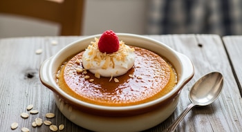 Flan de avena en recipiente de cerámica, con crema batida, coco tostado y una frambuesa. Sobre mesa de madera con cuchara y copos de avena.