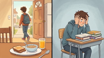 Ilustración en dos secciones: a la izquierda, un joven sale de casa dejando comida en la mesa; a la derecha, está sentado ante varios libros de texto.