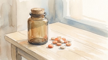 Ilustración en acuarela de un frasco de vidrio ámbar con tapón de corcho y varias pastillas redondas sobre una mesa de madera.