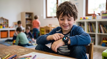 Un niño sentado frente a una mesa toca un reloj inteligente en un aula con creyones, estanterías y otros niños al fondo.