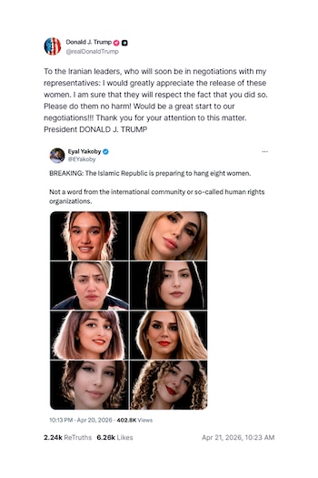 Captura de pantalla de una publicación de redes sociales con el perfil de Donald Trump pidiendo la liberación de ocho mujeres, y un post con ocho fotos de mujeres