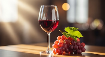 Copa de vino tinto sobre una mesa de madera clara, junto a un racimo de uvas rosadas con hojas verdes. Luz natural entra desde la izquierda, creando destellos.
