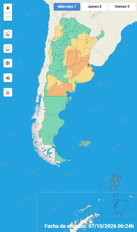 Un mapa del Servicio Meteorológico Nacional señala los niveles de alerta por tormenta en las provincias de Argentina.