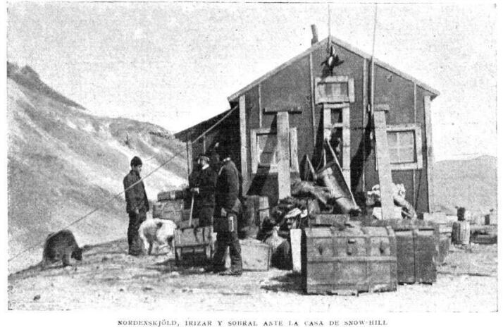 Irízar, Nordenskjöld y Sobral en el refugio de Cerro Nevado (Revista Caras y Caretas)
