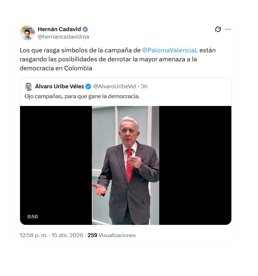 Este fue el mensaje con el que el congresista Hernán Cadavid expresó sus preocupaciones sobre la campaña de Abelardo de la Espriella - crédito @hernancadavidm/X