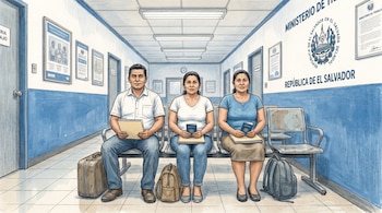 Ilustración de tres personas con rasgos centroamericanos, dos mujeres y un hombre, sentadas en un pasillo de oficina. Sostienen documentos y tienen maletas cerca.
