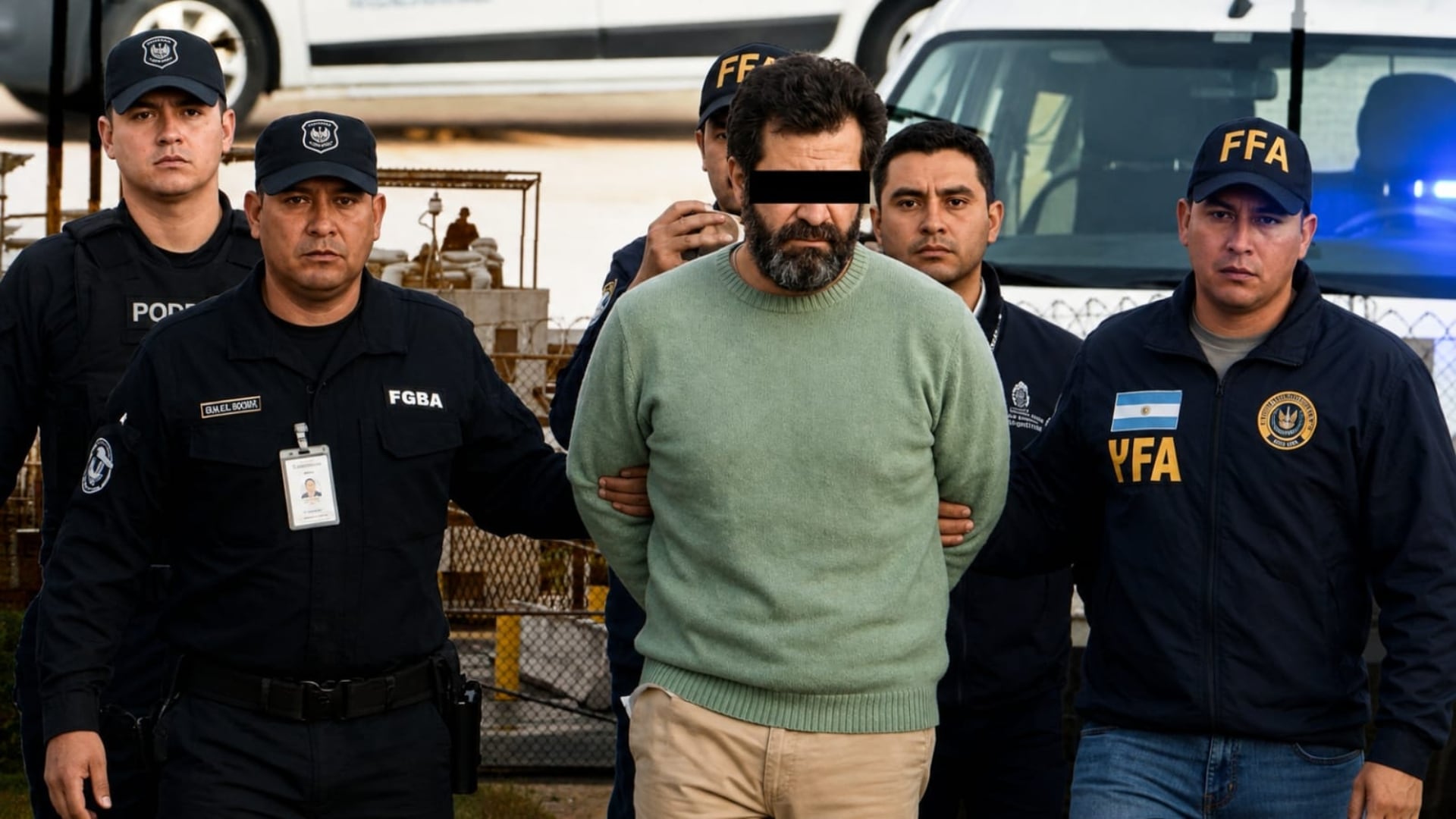 Agentes policiales trasladan bajo custodia a Fernando Farías Laguna, cuya audiencia inicial se realiza a puerta cerrada por seguridad nacional. (Especial Infobae México)