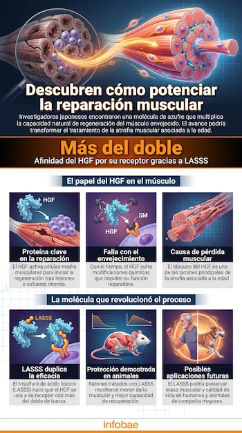 Infografía con representaciones de fibra muscular, células, moléculas HGF y LASSS, un ratón, un hombre mayor y un perro, con texto explicativo.