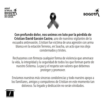 Este es el comunicado oficial de TransMilenio tras el asesinato de Cristian David Garzón Castro - crédito Transmilenio S.A.