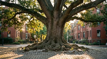 Gran árbol de tronco grueso y raíces que levantan adoquines en una calle, edificios de ladrillo al fondo, luz dorada de atardecer, sombras.