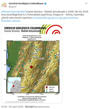 Temblor en Chaparral, Tolima - crédito @sgcol/X