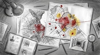 Ilustración en escala de grises de mapas con chinches y manchas rojas, un expediente, bocetos de pasillos, lápices y una lupa sobre una mesa.
