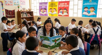 Una maestra sonríe mientras lee un libro ilustrado a un grupo de niños uniformados sentados en una mesa de aula, con otros estudiantes leyendo al fondo.
