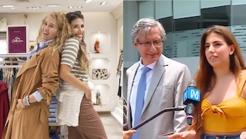 Katia Condos y Tilsa Salazar sonríen de espaldas en una tienda. Derecha: Federico Salazar y Tilsa Salazar junto a un micrófono