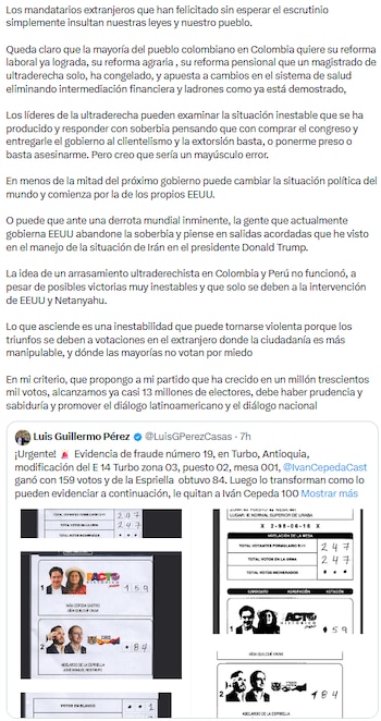 Gustavo Petro advirtió riesgo de manipulación electoral tras denuncia de fraude en Turbo, Antioquia - crédito @petrogustavo/X