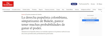 El semanario británico destaca el desgaste del centro tradicional en la política colombiana tras la primera vuelta - crédito captura pantalla/The Economist