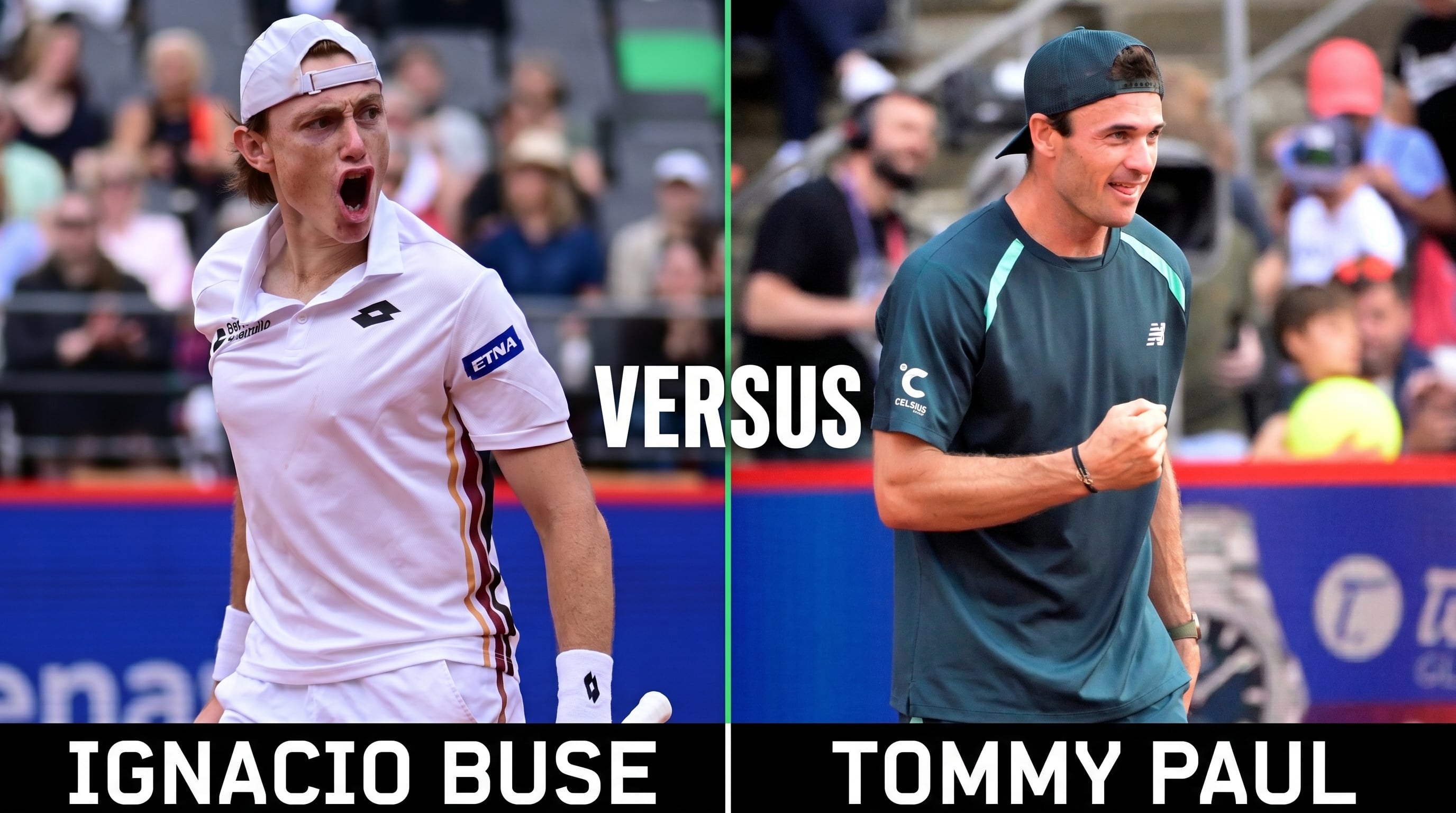 Los tenistas Ignacio Buse, mostrando emoción en la cancha, y Tommy Paul, celebrando con un puño, se preparan para un emocionante duelo en este montaje de versus. (Imagen Ilustrativa Infobae)