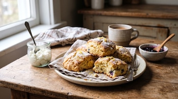 Varios scones sobre un plato con tela, acompañados por un frasco con ricota, un cuenco con mermelada y una taza sobre una mesa de madera.