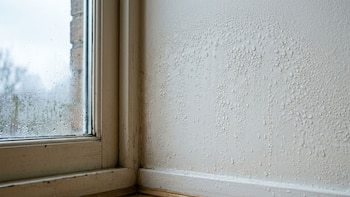 Gotas de agua cubren una pared interior de color claro junto a una ventana con condensación y un marco blanco, con un zócalo y un piso de madera