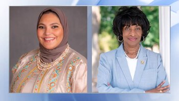 Imagen dividida que muestra a Nida Allam a la izquierda, sonriendo con hiyab marrón y collares de perlas, y a Valerie Foushee a la derecha, sonriendo con un traje azul claro y un collar de perlas