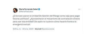 La senadora del Centro Democrático advirtió si la repartija de puestos en la Unidad Nacional de Gestión del Riesgo de Desastres fue la causante de la improvisación en la atención a la emergencia provocada por los incendios forestales en el país - crédito @MariaFdaCabal/X