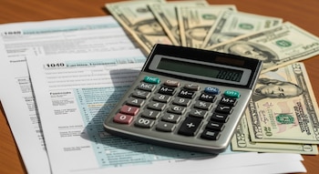 Primer plano de formularios de impuestos 1040, una calculadora digital sobre ellos y billetes de 20 y 100 dólares estadounidenses esparcidos en un escritorio de madera.