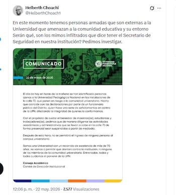 El rector Helberth Choachí aseguró que varias personas armadas están amenazando a la comunidad educativa de la Universidad Pedagógica - crédito @HelberthChoach1/X