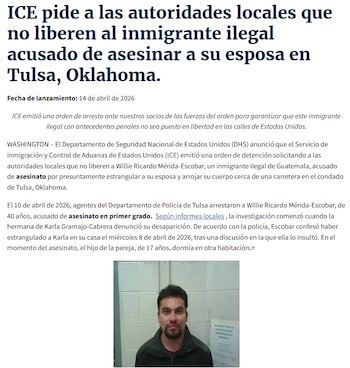 Willie Ricardo Mérida-Escobar, de 40 años, confesó haber estrangulado a su esposa tras una discusión en su hogar en Tulsa. Actualmente enfrenta cargos por asesinato en primer grado (https://www.dhs.gov/news/).