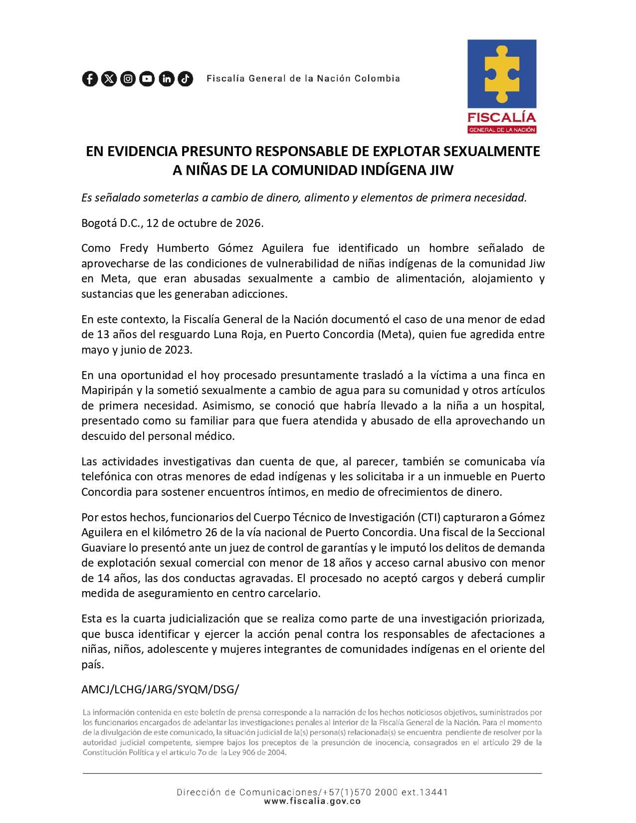 Fiscalía imputó cargos a Fredy Humberto Gómez por presuntos abusos contra menores indígenas - crédito Fiscalía General de la Nación