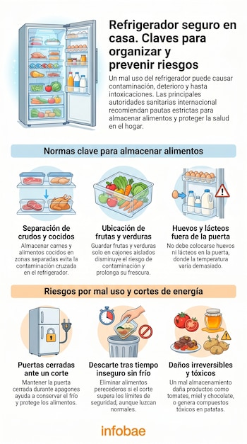 Infografía que muestra un refrigerador. Incluye pautas para el almacenamiento seguro de alimentos, cómo prevenir riesgos y consejos para cortes de energía.