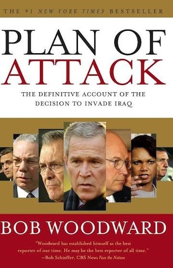Portada del libro 'Plan of Attack' de Bob Woodward. Incluye título, subtítulo, y un collage de retratos de figuras como George W. Bush y Colin Powell