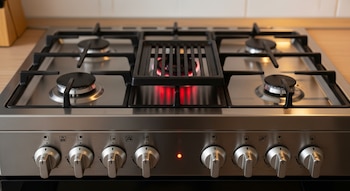Cocina a gas de acero inoxidable con cinco quemadores, rejillas de hierro fundido, perillas de control frontales y una luz indicadora roja.